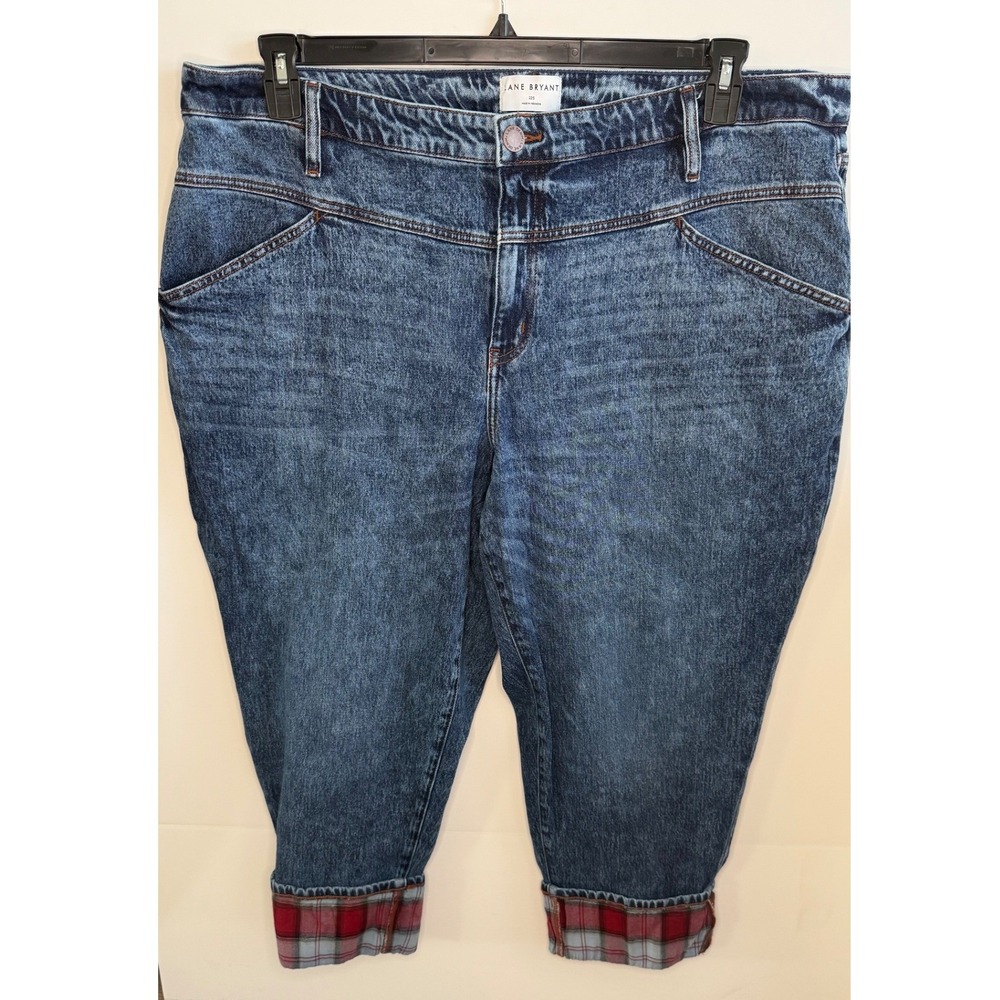 Lane Bryant Mid Rise Boyfriend Jeans Denim Plaid Cuff Cropped Women's Size 22S